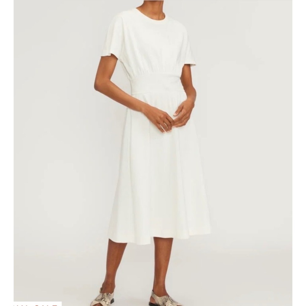 Everlane Organic Cotton Waisted Dress Bone White Midi Medium Short Sleeve M‎